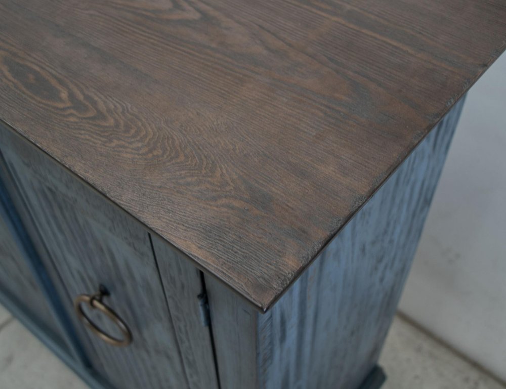 74" Light Blue Sky Blue And Brown Distressed Wood Sideboard With Four Doors