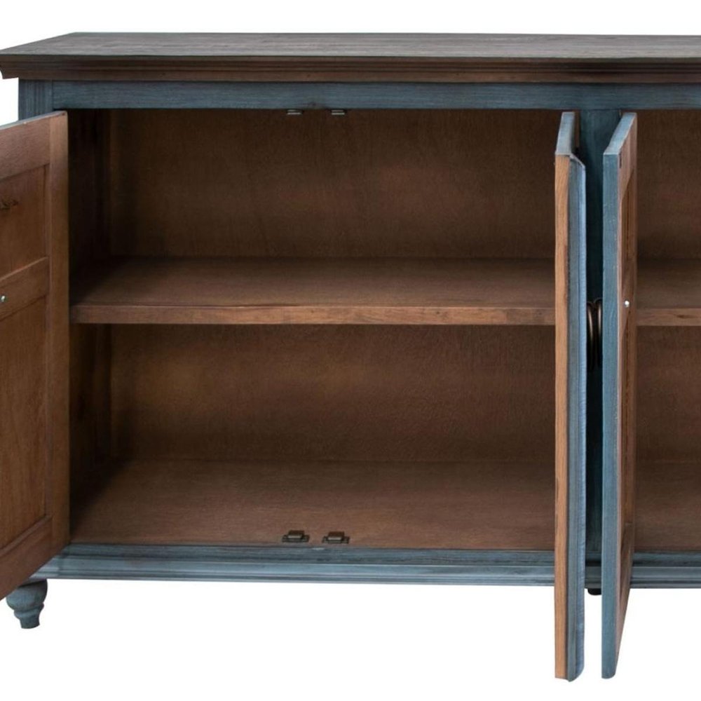 74" Light Blue Sky Blue And Brown Distressed Wood Sideboard With Four Doors