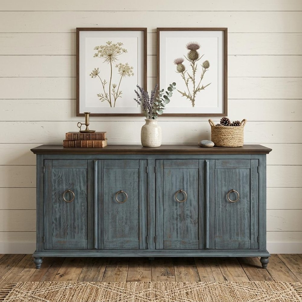 74" Light Blue Sky Blue And Brown Distressed Wood Sideboard With Four Doors