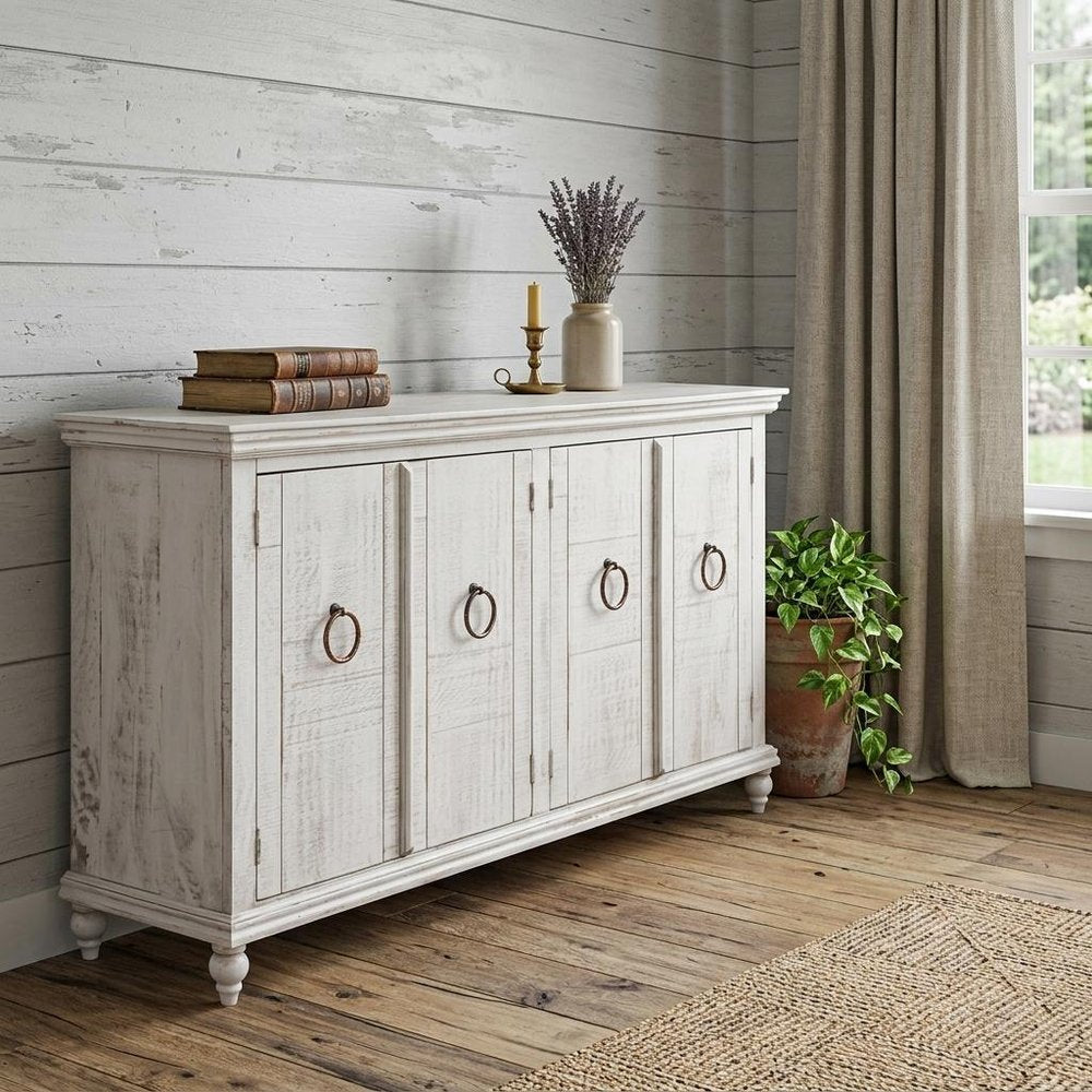 74" Ivory Distressed Wood Sideboard With Four Doors