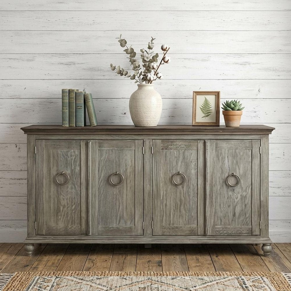 74" Olive Green Distressed Wood Sideboard With Four Doors