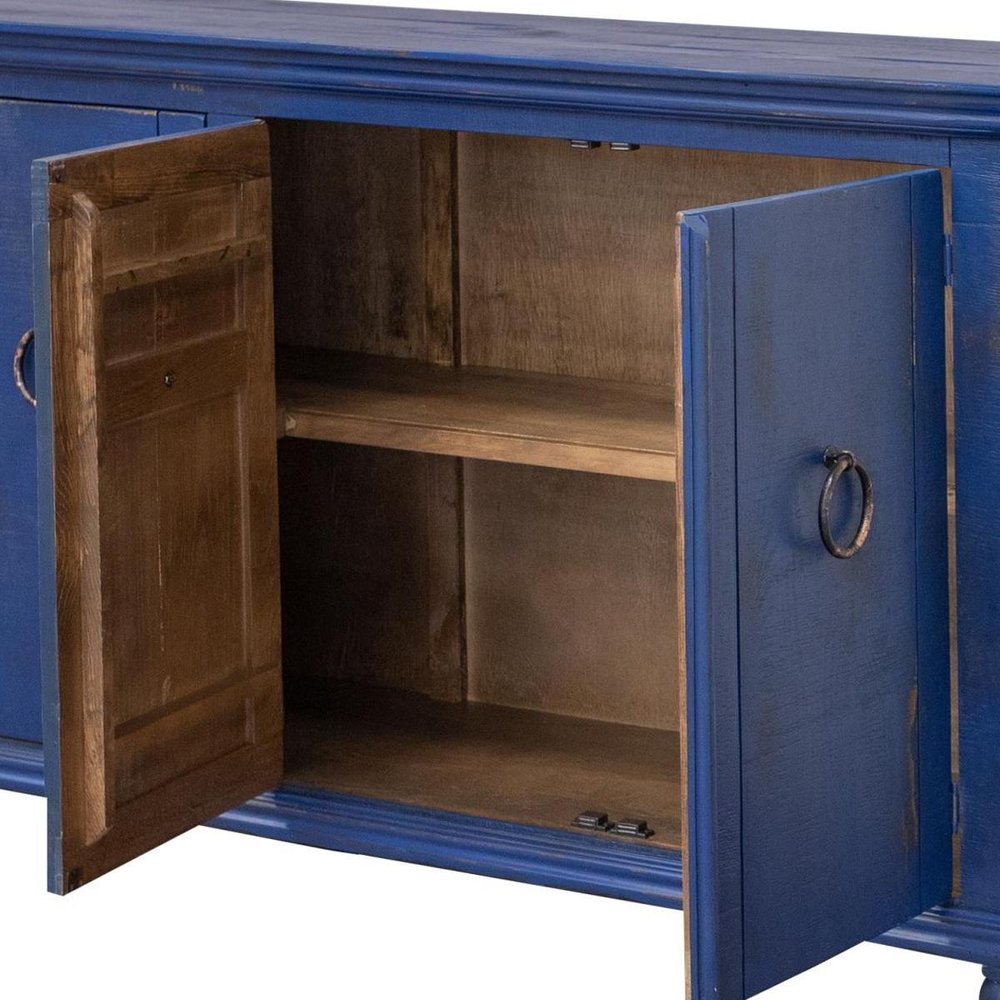 74" Blue And Dark Blue Distressed Wood Sideboard With Four Doors