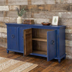 74" Blue And Dark Blue Distressed Wood Sideboard With Four Doors