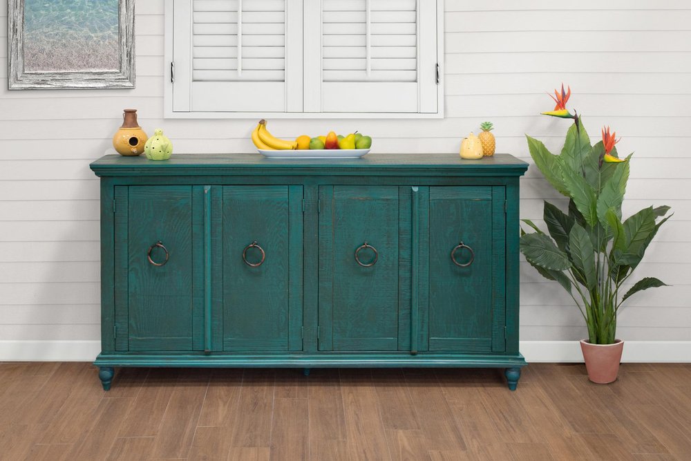 74" Green Distressed Wood Sideboard With Four Doors