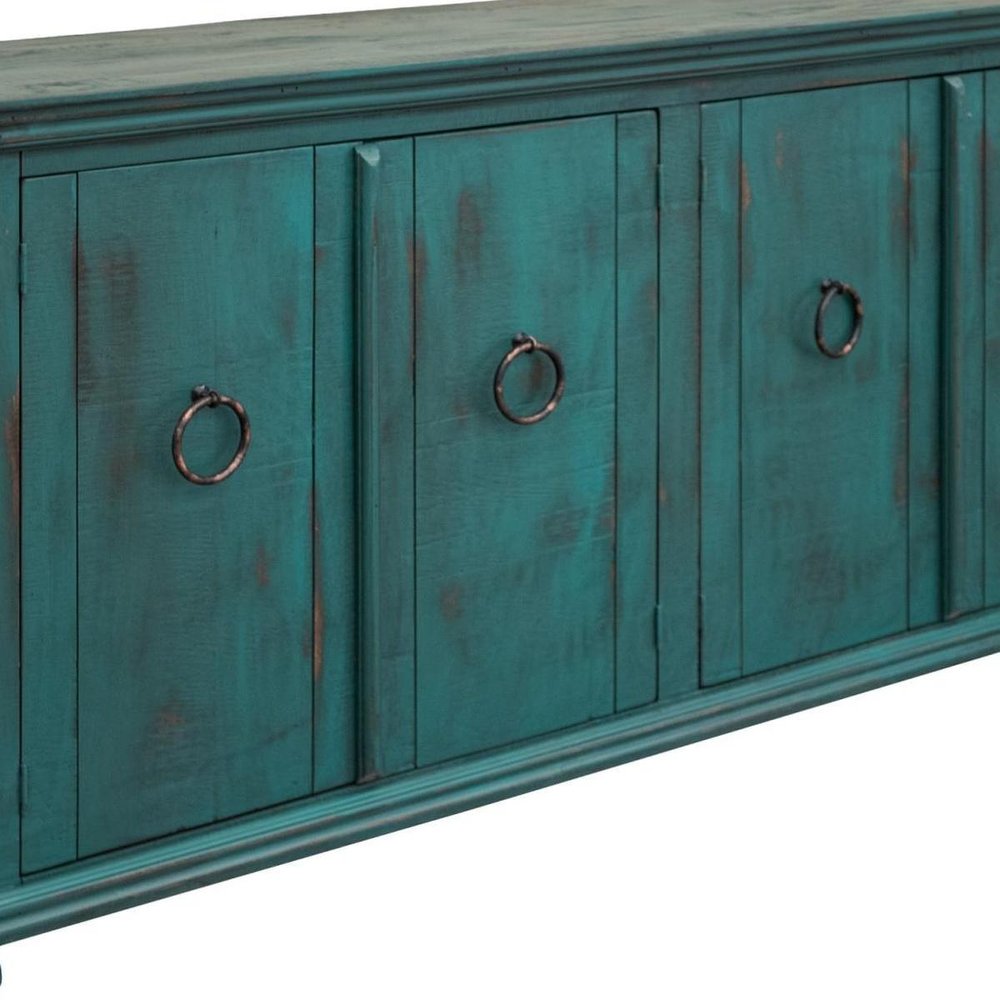 74" Green Distressed Wood Sideboard With Four Doors