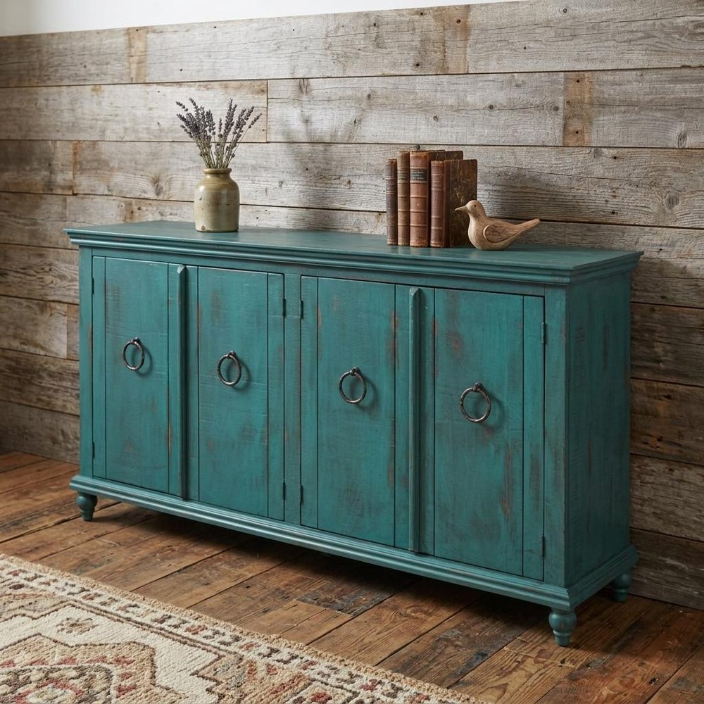 74" Green Distressed Wood Sideboard With Four Doors