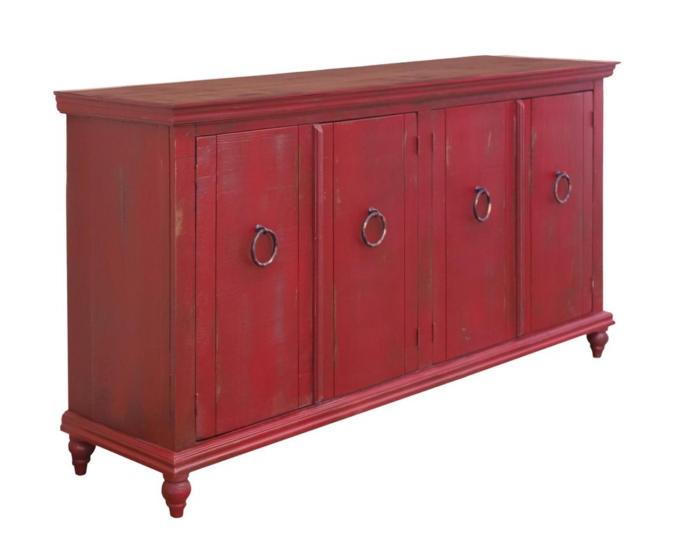 74" Red Distressed Wood Sideboard With Four Doors