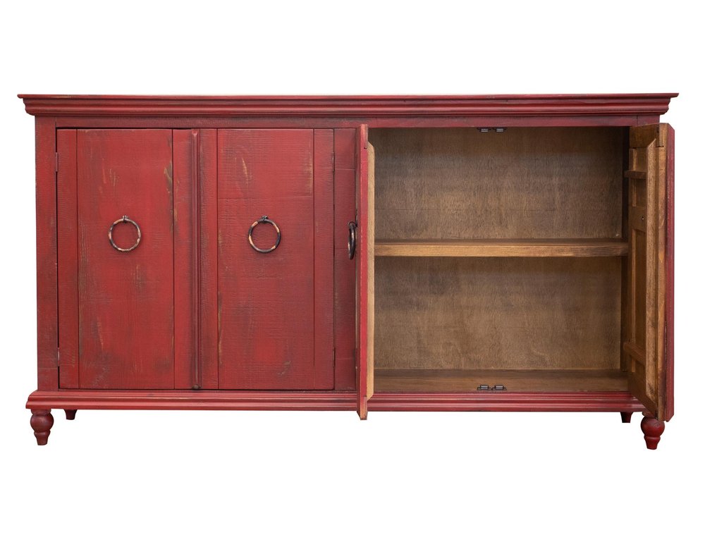 74" Red Distressed Wood Sideboard With Four Doors
