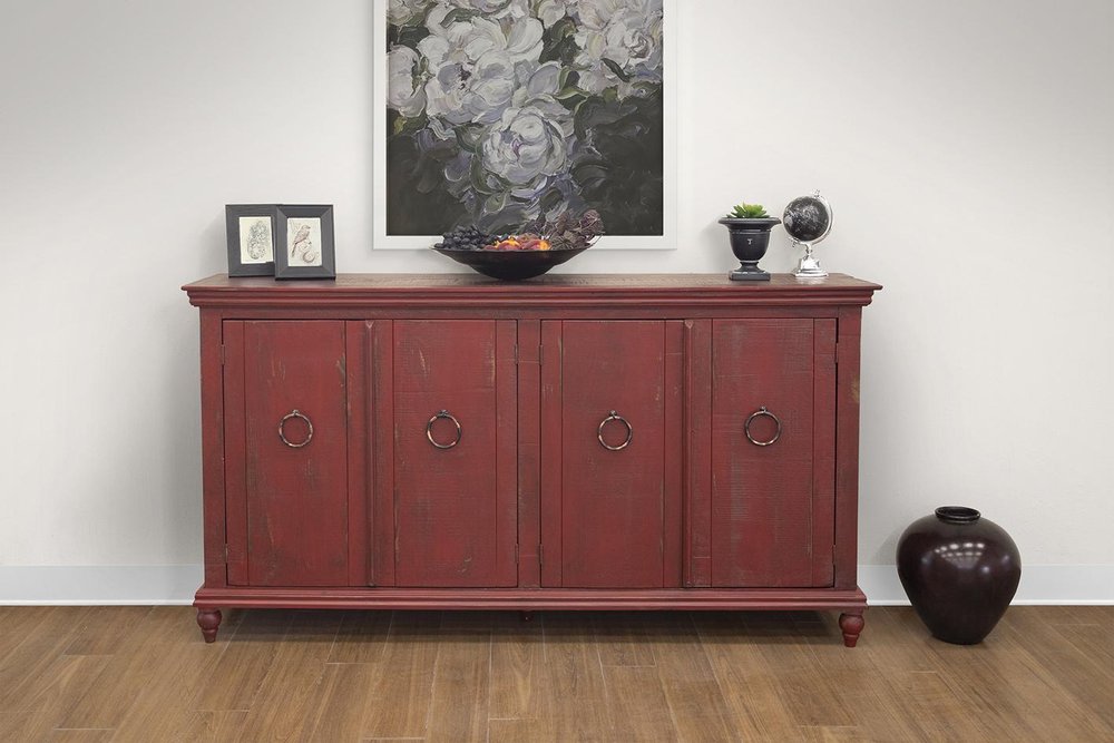 74" Red Distressed Wood Sideboard With Four Doors