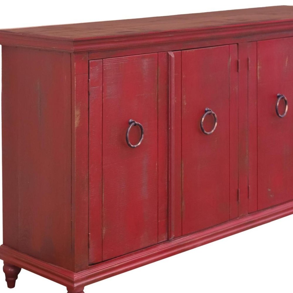 74" Red Distressed Wood Sideboard With Four Doors