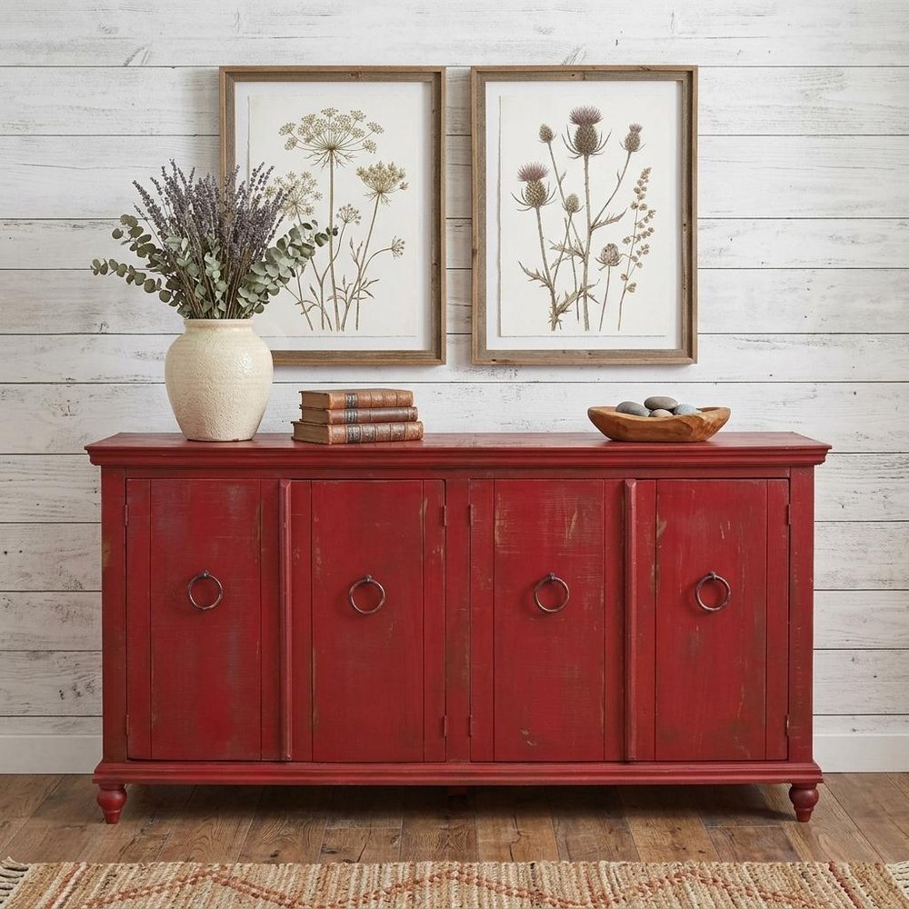 74" Red Distressed Wood Sideboard With Four Doors