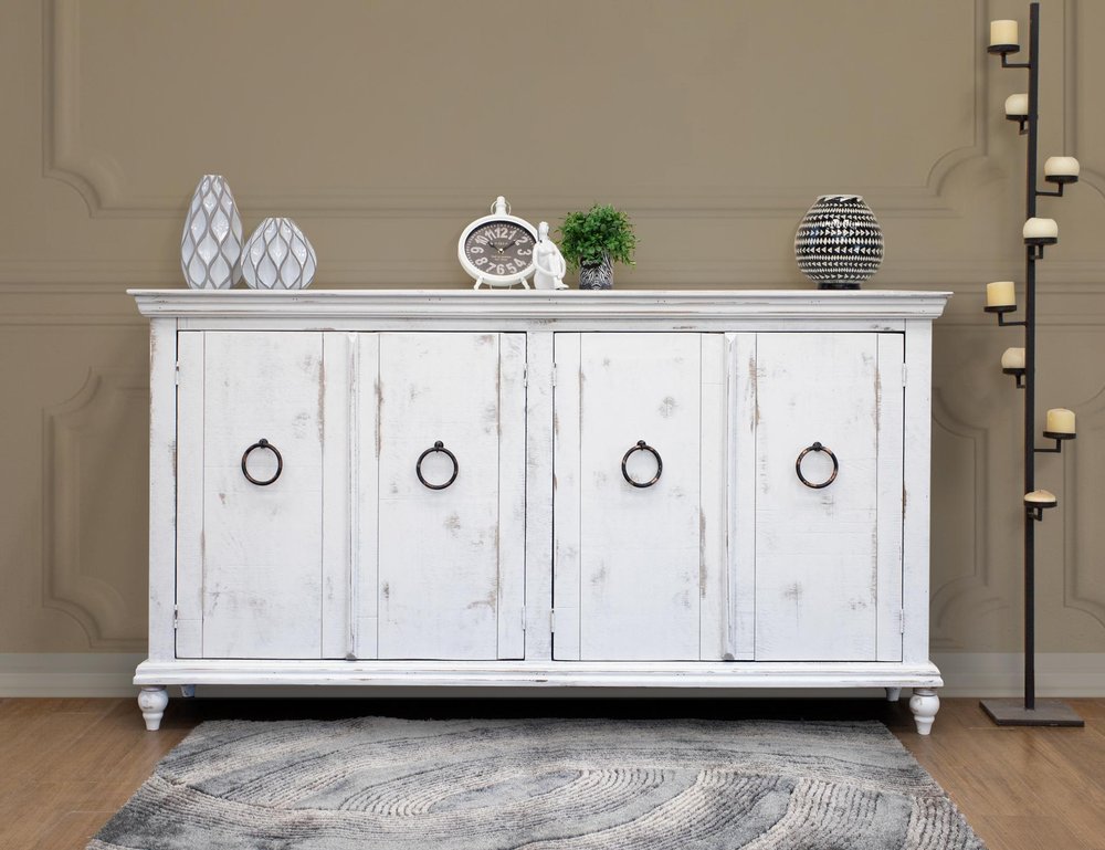 74" White Distressed Wood Sideboard With Four Doors