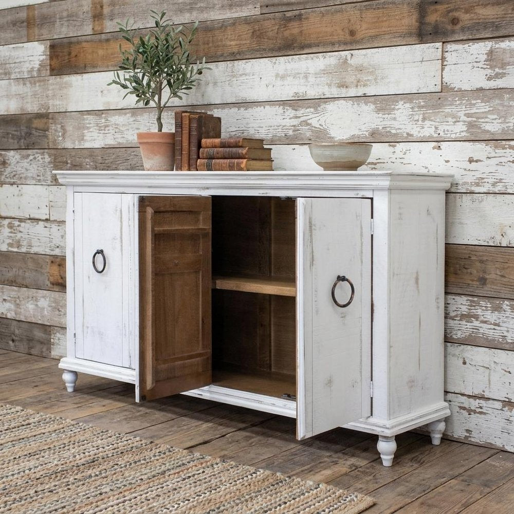 74" White Distressed Wood Sideboard With Four Doors