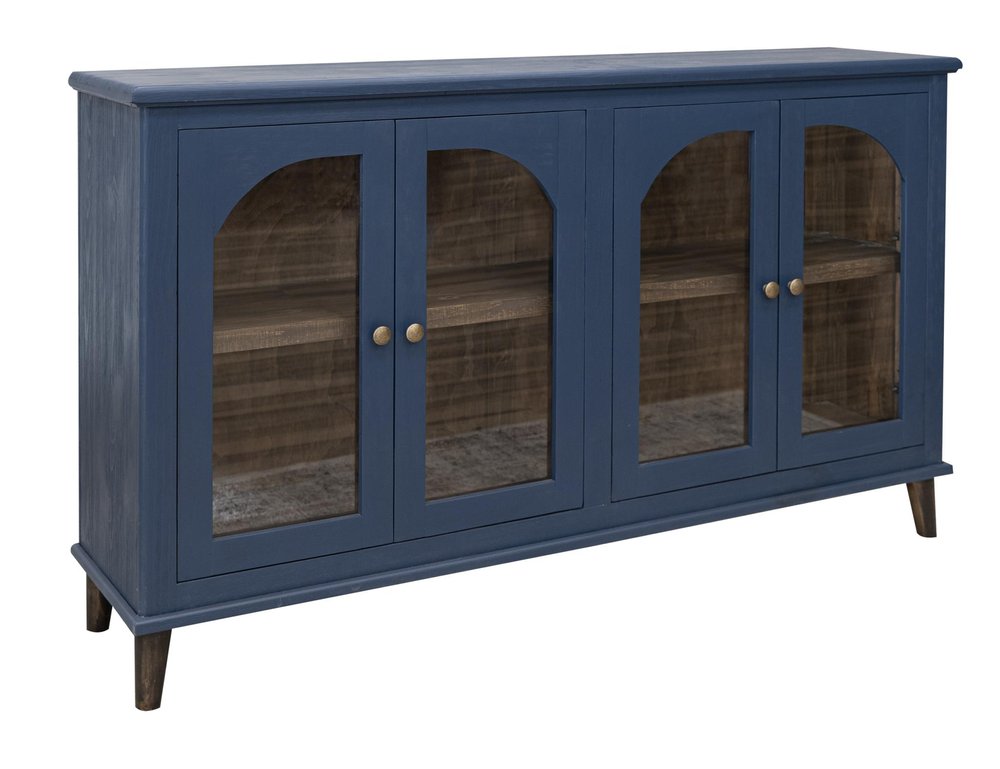 71" Dark Blue Distressed Wood Sideboard With Four Glass Doors