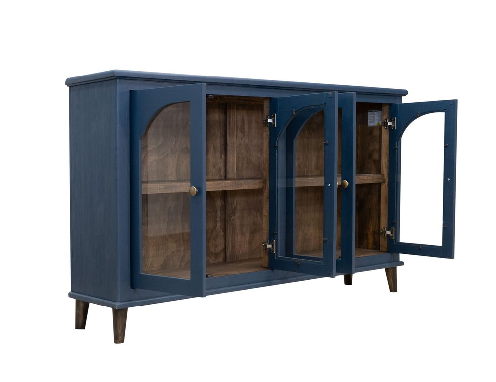71" Dark Blue Distressed Wood Sideboard With Four Glass Doors