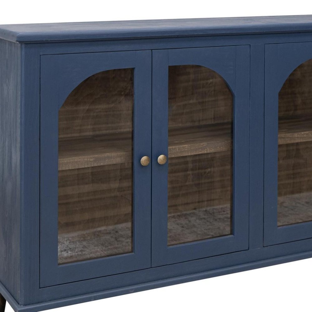 71" Dark Blue Distressed Wood Sideboard With Four Glass Doors