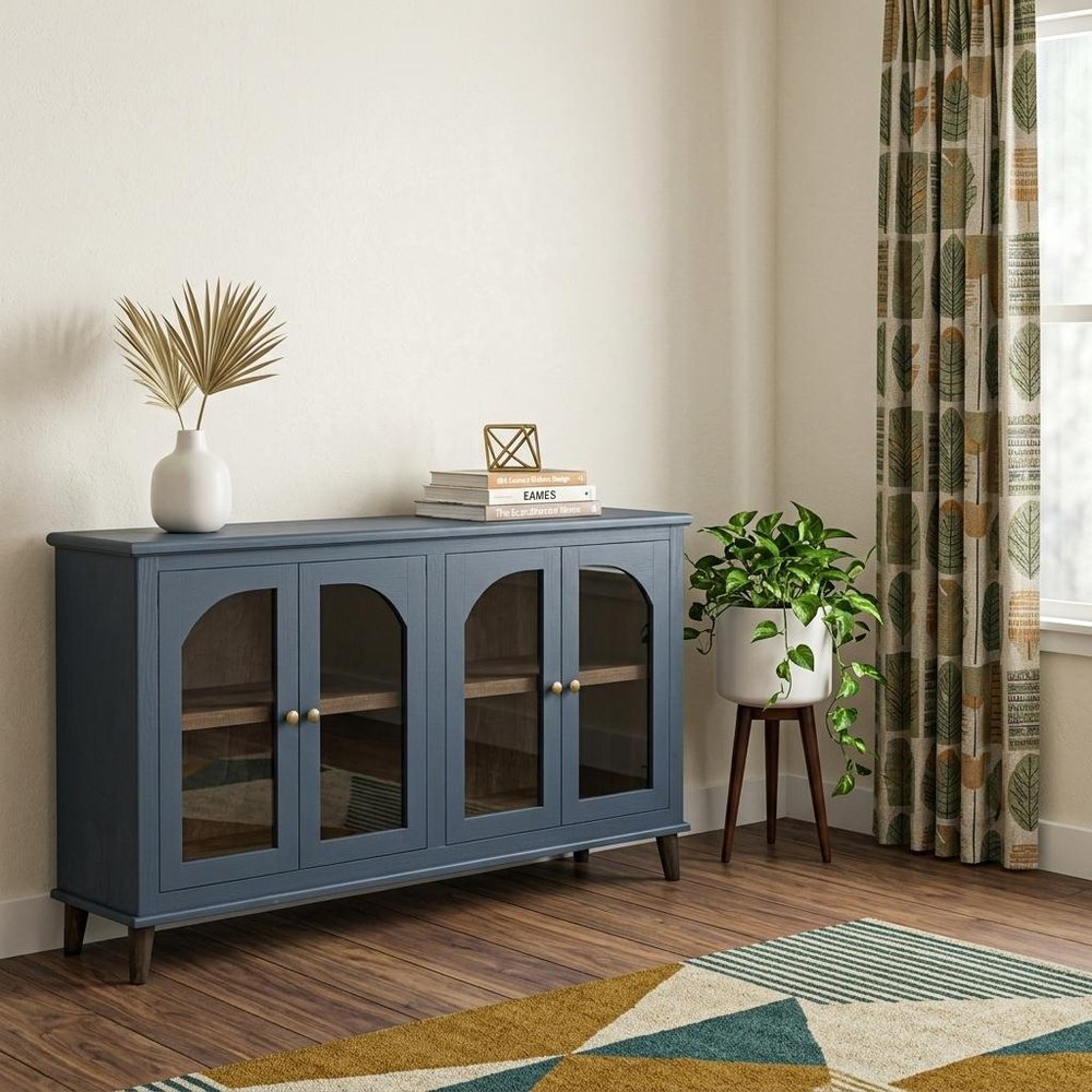 71" Dark Blue Distressed Wood Sideboard With Four Glass Doors