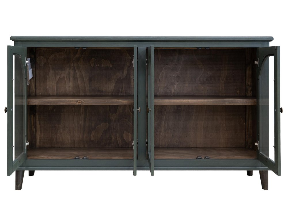 71" Green Distressed Wood And Glass Sideboard With Four Glass Doors