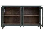 71" Green Distressed Wood And Glass Sideboard With Four Glass Doors