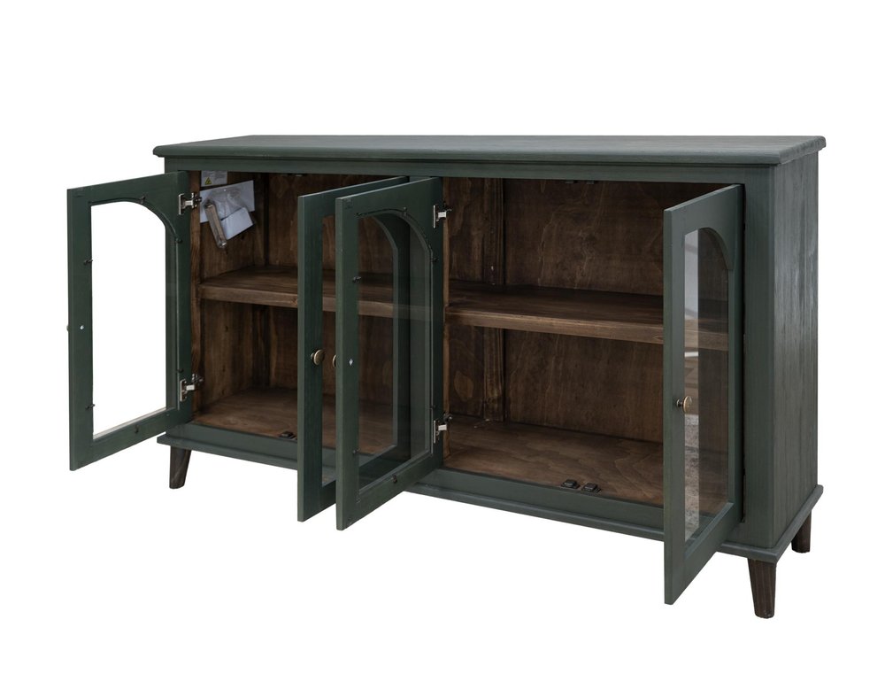 71" Green Distressed Wood And Glass Sideboard With Four Glass Doors