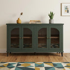 71" Green Distressed Wood And Glass Sideboard With Four Glass Doors