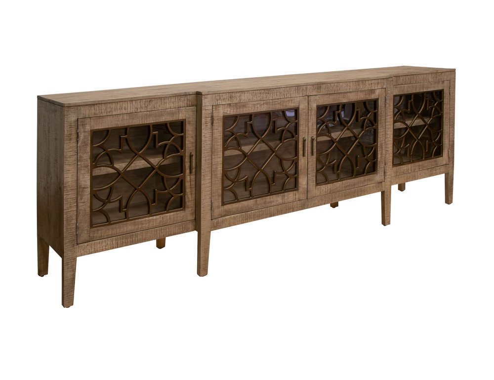 107" Brown Distressed Wood Sideboard With Four Glass Doors