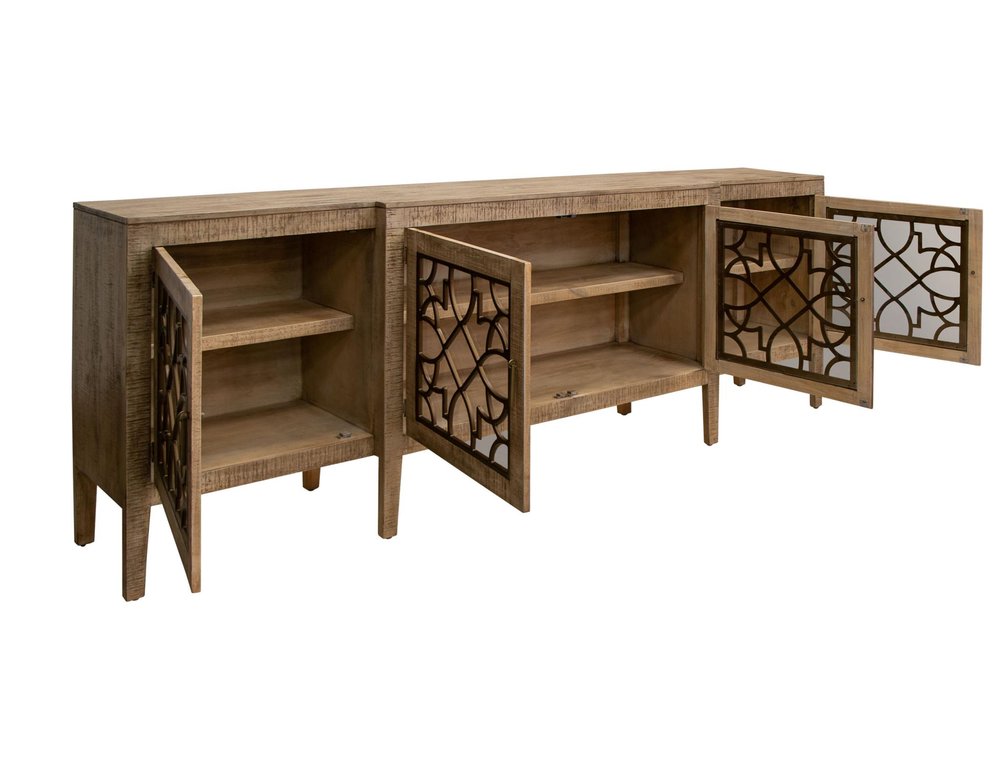 107" Brown Distressed Wood Sideboard With Four Glass Doors