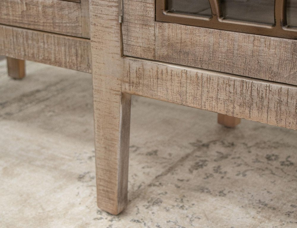 107" Brown Distressed Wood Sideboard With Four Glass Doors