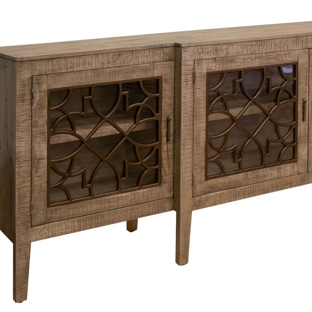 107" Brown Distressed Wood Sideboard With Four Glass Doors