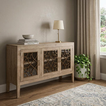 107" Brown Distressed Wood Sideboard With Four Glass Doors