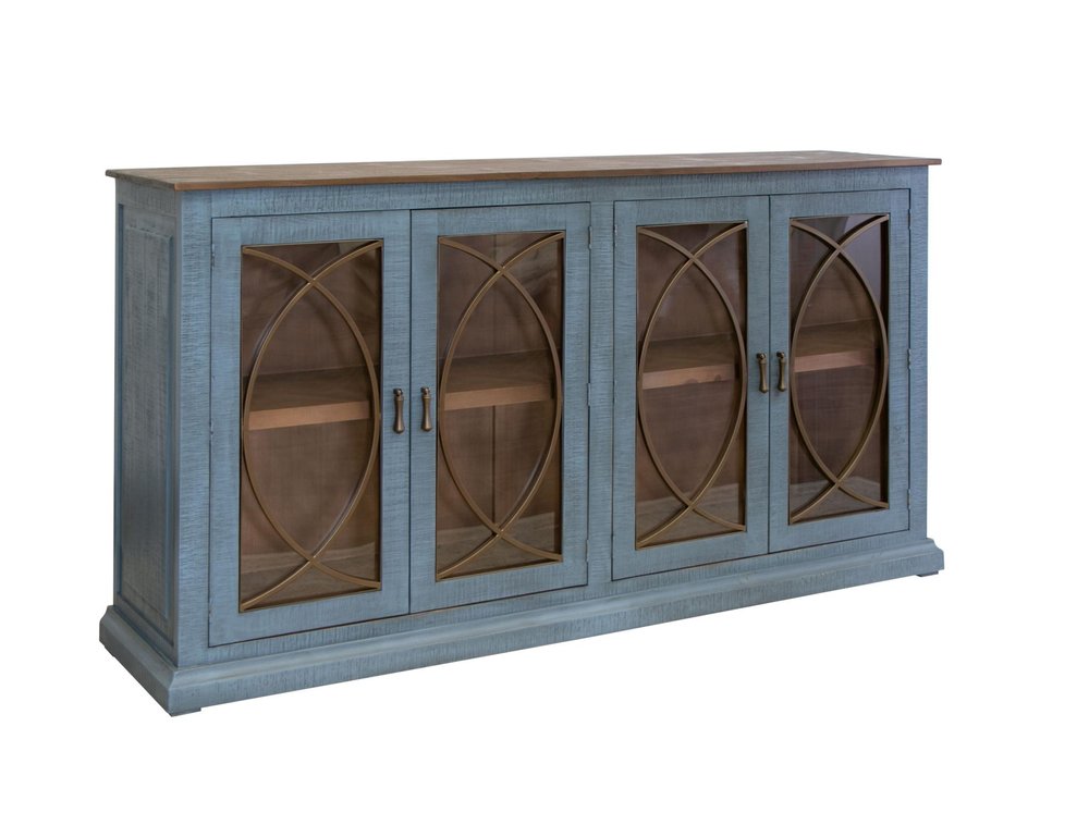 77" Blue Distressed Wood Sideboard With Four Glass Doors