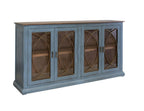 77" Blue Distressed Wood Sideboard With Four Glass Doors