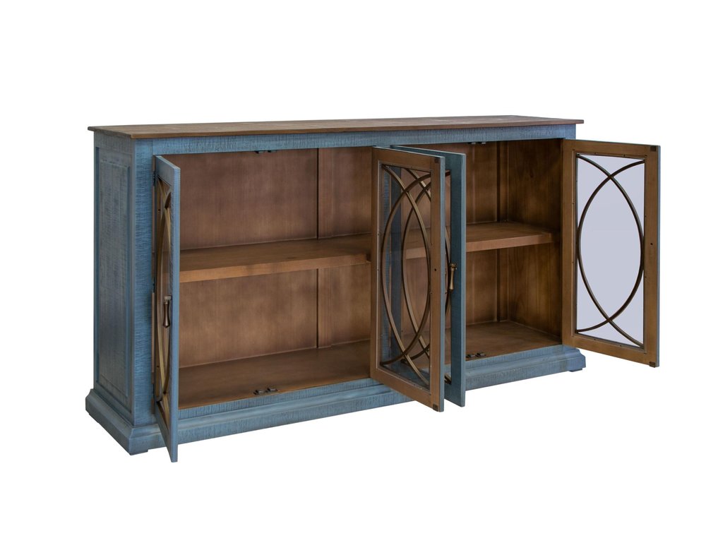 77" Blue Distressed Wood Sideboard With Four Glass Doors