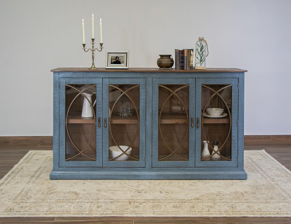 77" Blue Distressed Wood Sideboard With Four Glass Doors
