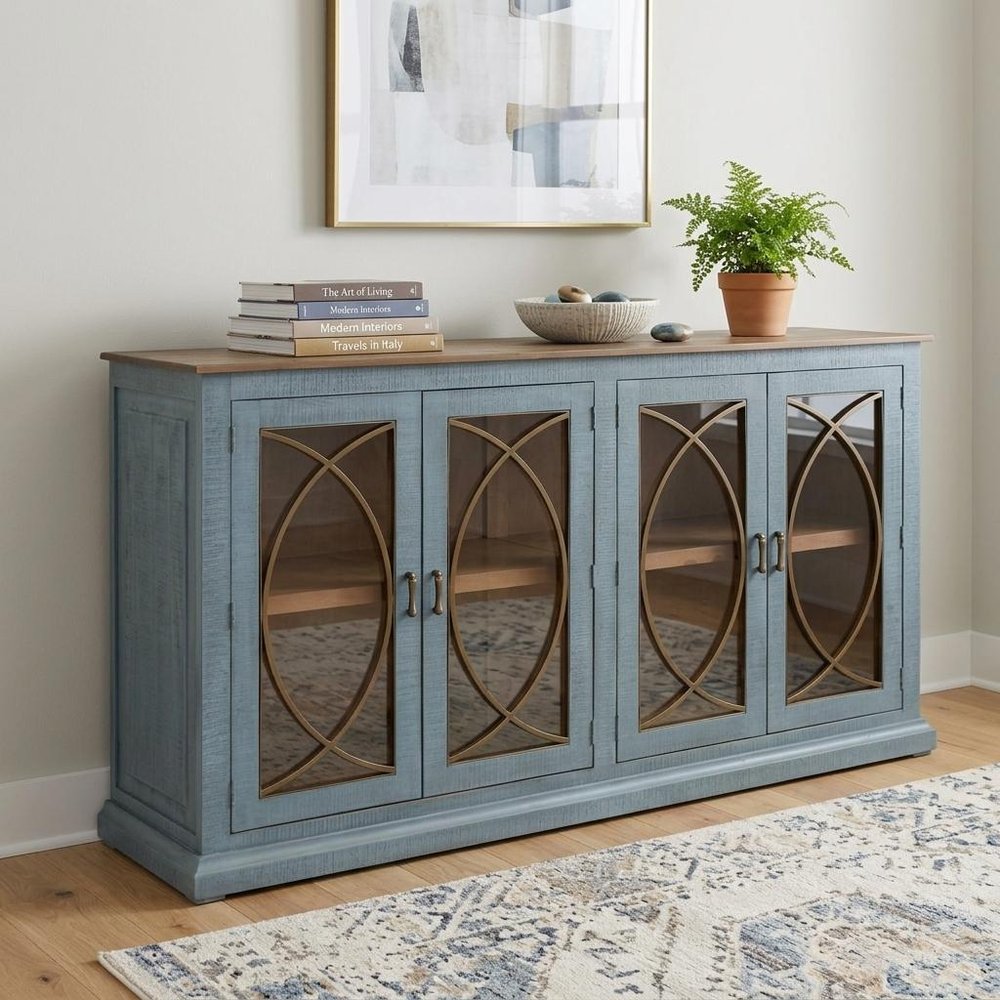 77" Blue Distressed Wood Sideboard With Four Glass Doors