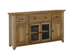 68" Light Brown Distressed Solid Wood And Wood Three Drawer Sideboard With Four Glass Doors