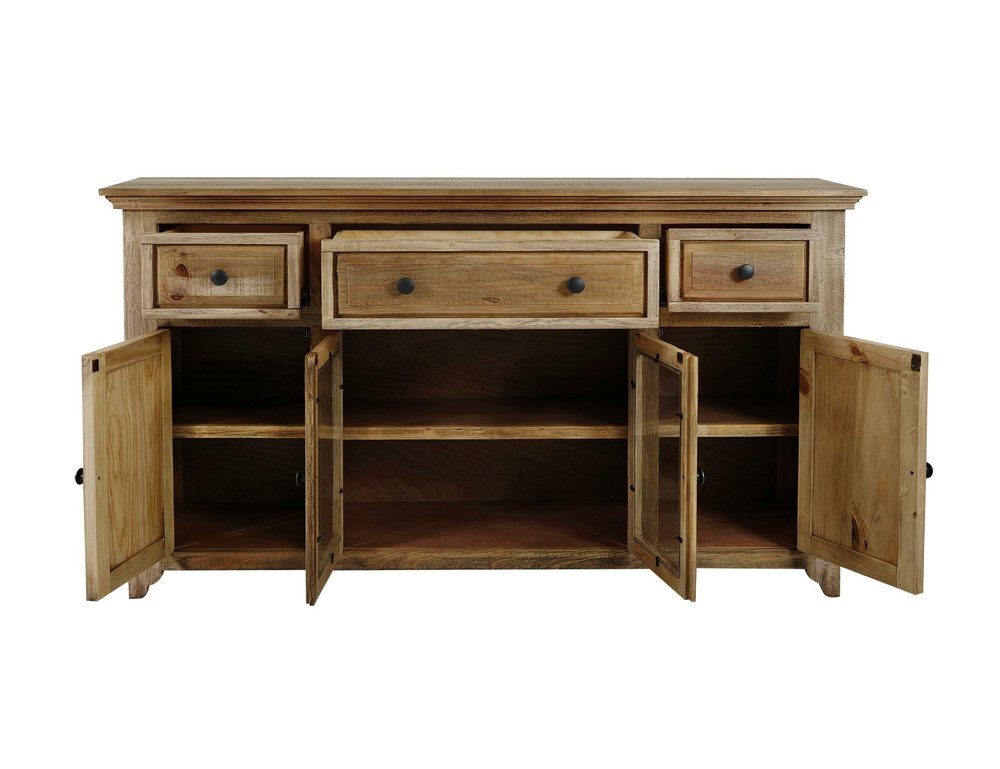 68" Light Brown Distressed Solid Wood And Wood Three Drawer Sideboard With Four Glass Doors