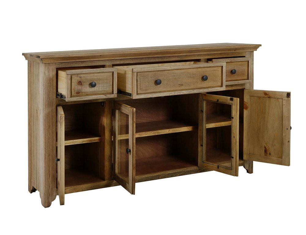 68" Light Brown Distressed Solid Wood And Wood Three Drawer Sideboard With Four Glass Doors