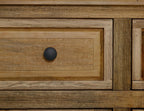 68" Light Brown Distressed Solid Wood And Wood Three Drawer Sideboard With Four Glass Doors