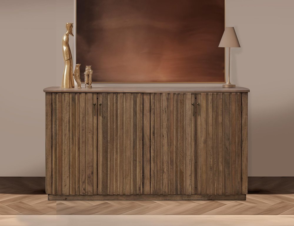 61" Brown Distressed Wood Sideboard With Four Doors