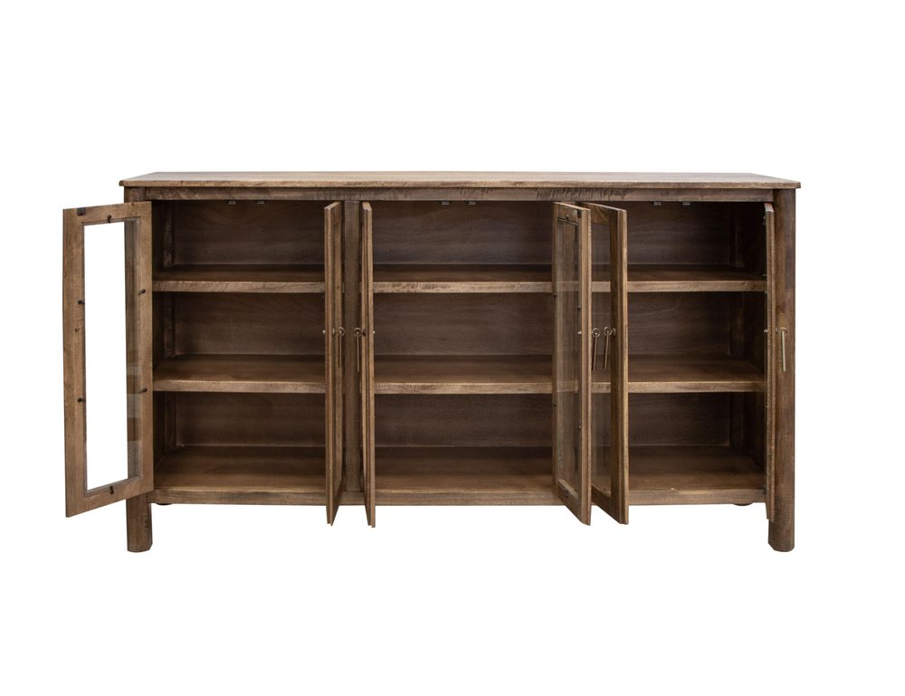 73" Brown Distressed Wood Sideboard With Six Glass Doors
