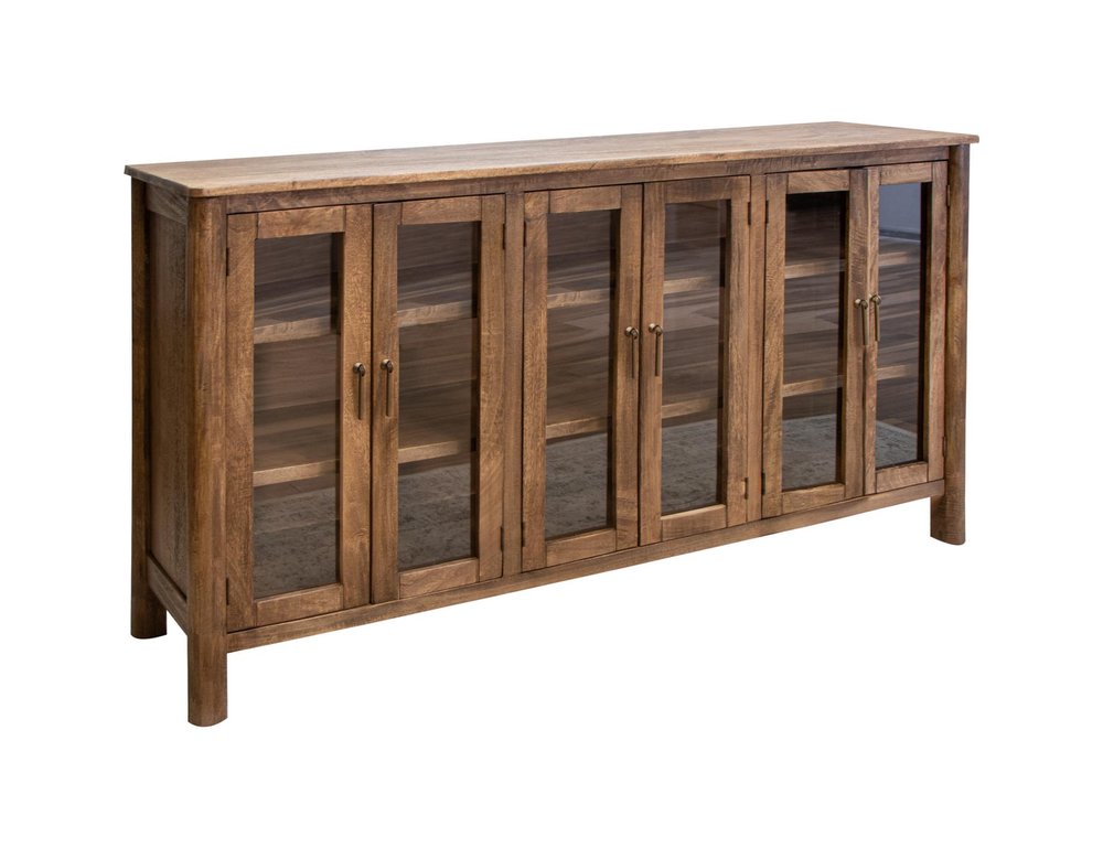 73" Brown Distressed Wood Sideboard With Six Glass Doors
