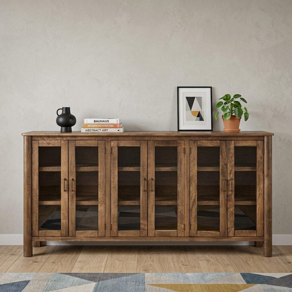 73" Brown Distressed Wood Sideboard With Six Glass Doors