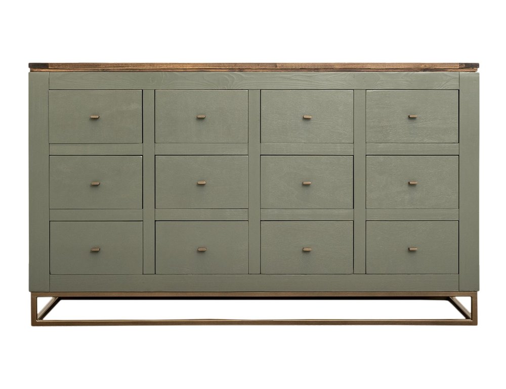 61" Green Brown And Gold Distressed Wood 12 Drawer Sideboard