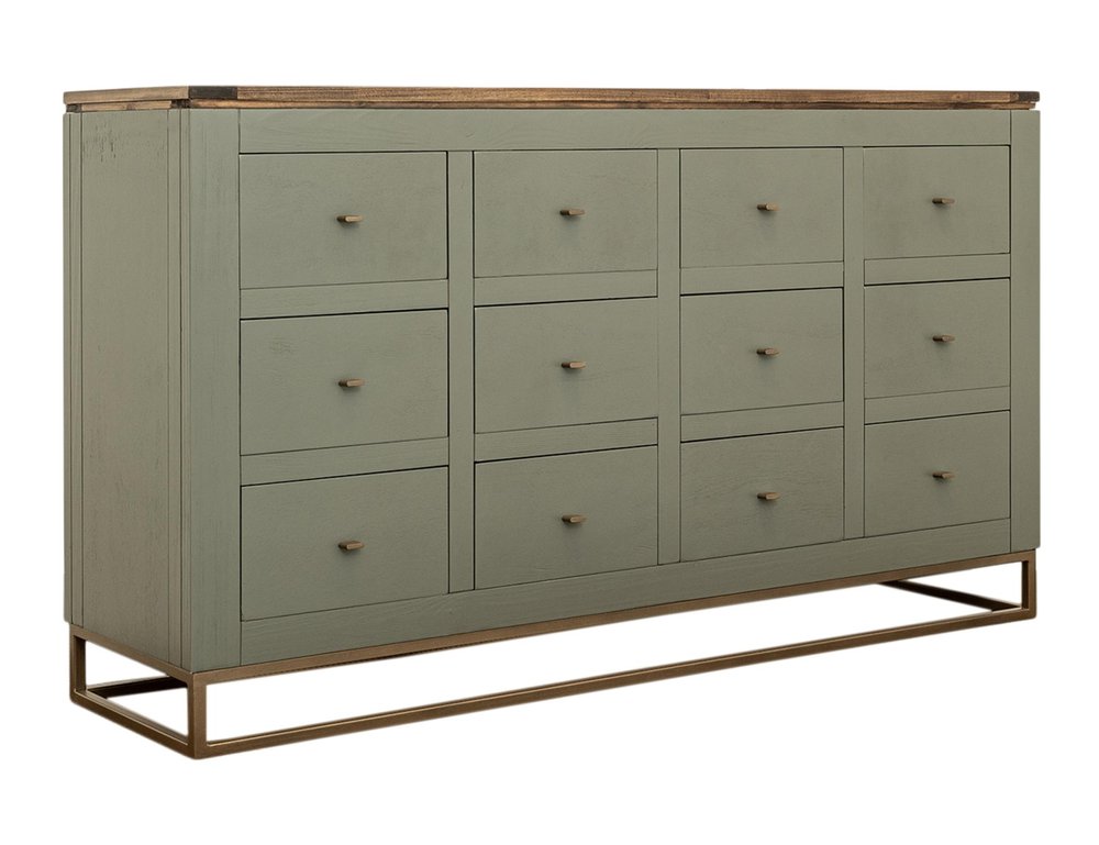 61" Green Brown And Gold Distressed Wood 12 Drawer Sideboard