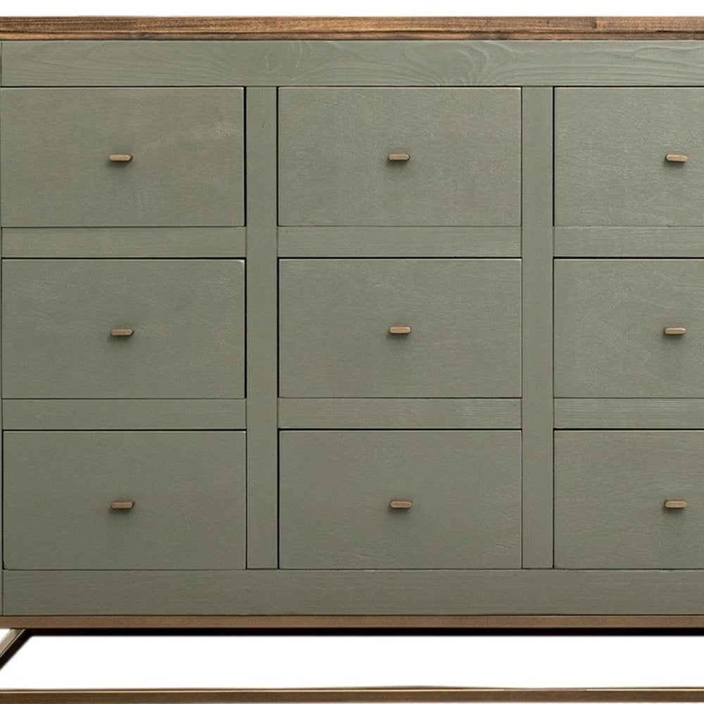 61" Green Brown And Gold Distressed Wood 12 Drawer Sideboard