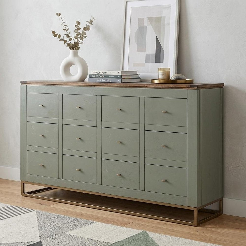 61" Green Brown And Gold Distressed Wood 12 Drawer Sideboard