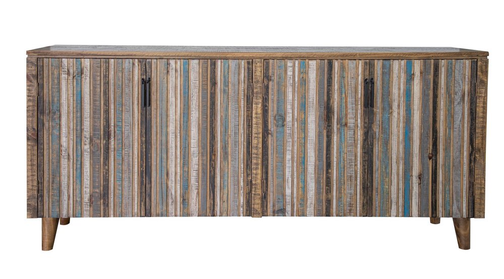 69" Blue Distressed Wood Sideboard With Four Doors