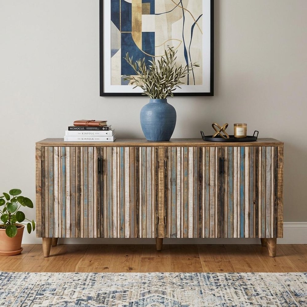 69" Blue Distressed Wood Sideboard With Four Doors