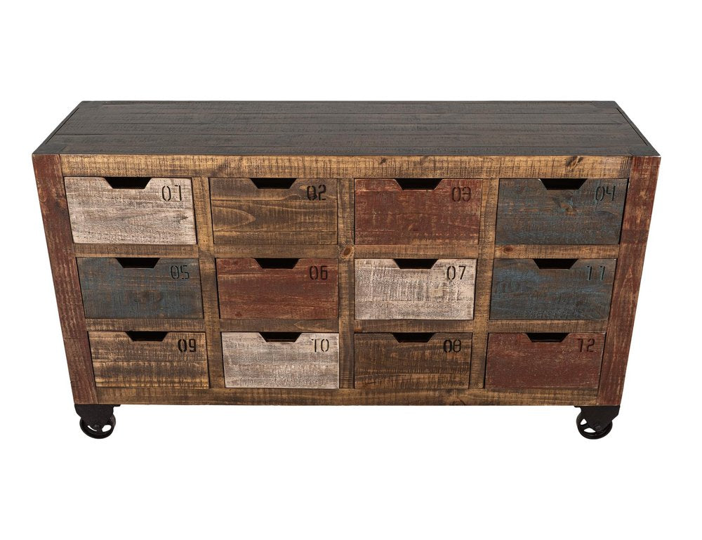 61" Brown Distressed Wood 12 Drawer Sideboard